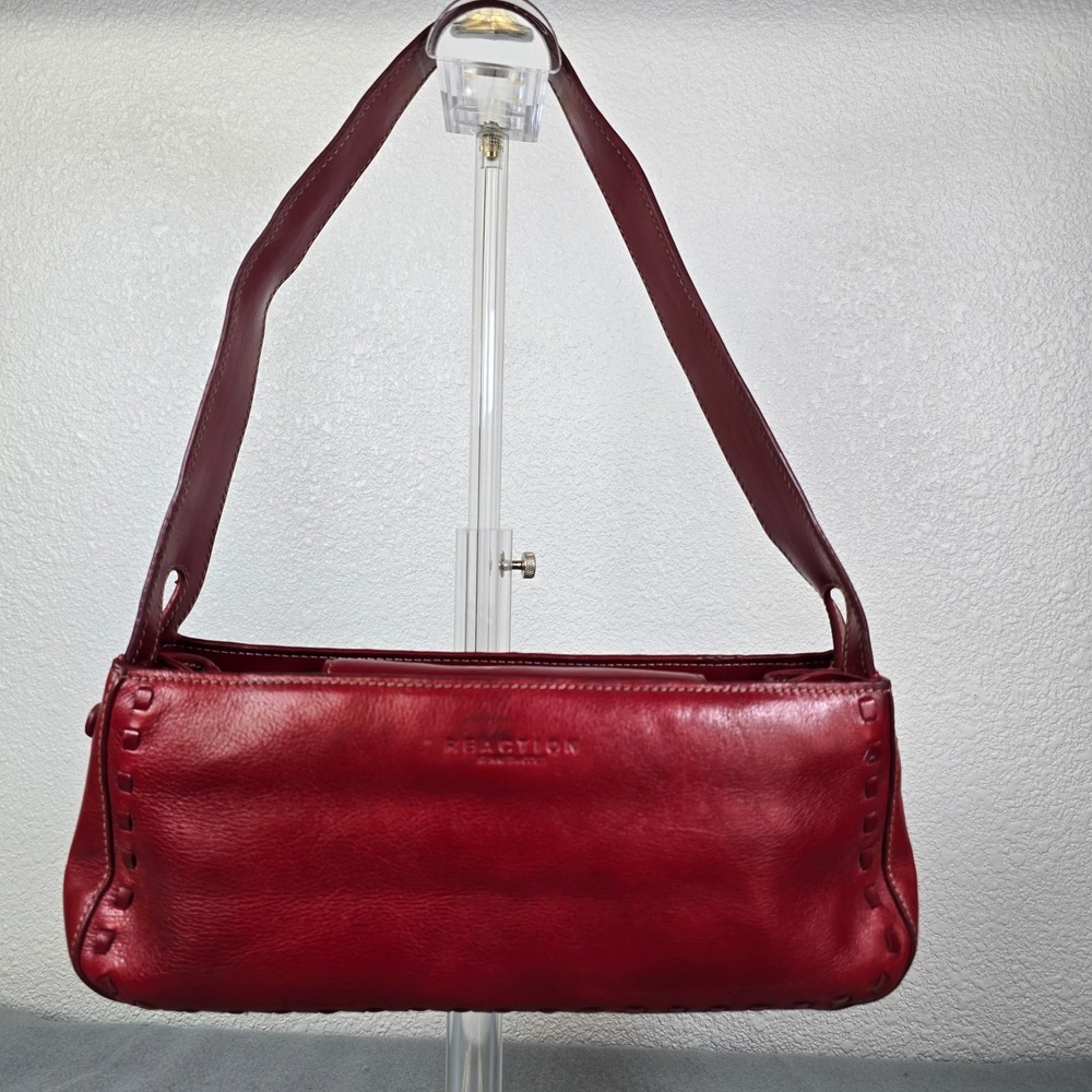 Kenneth Cole Reaction Shoulder Bag Womens Red Leather Pockets Whipstitch Detail